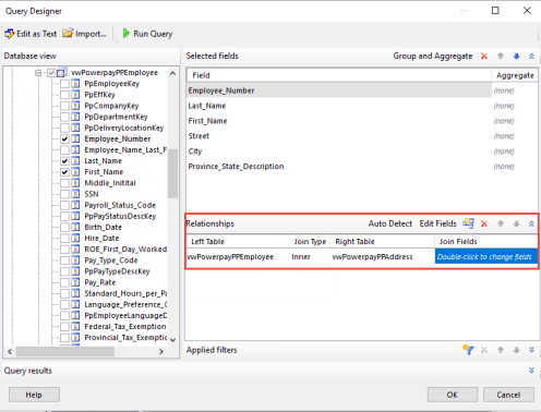 The Relationships section in the Query Designer window.