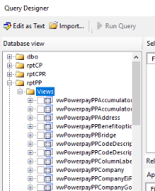 An example list of views in the Query Designer window.