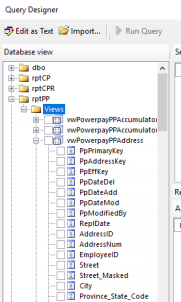 An example list of available fields, or columns, in the Query Designer.