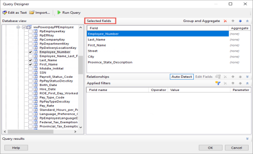 The Selected Fields section of the Query Designer window.