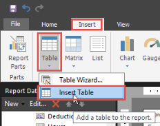 Insert > Table > Insert Table in the Adhoc Report Builder menu bar.