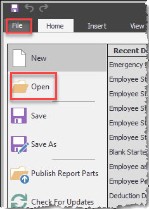 File > Open in the Adhoc Report Builder menu.