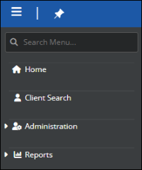 A navigation panel with Home, Client Search, Reports, and Administration options.