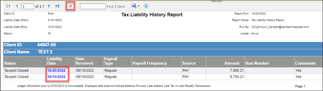 Example report with the Parent icon in the tool bar.